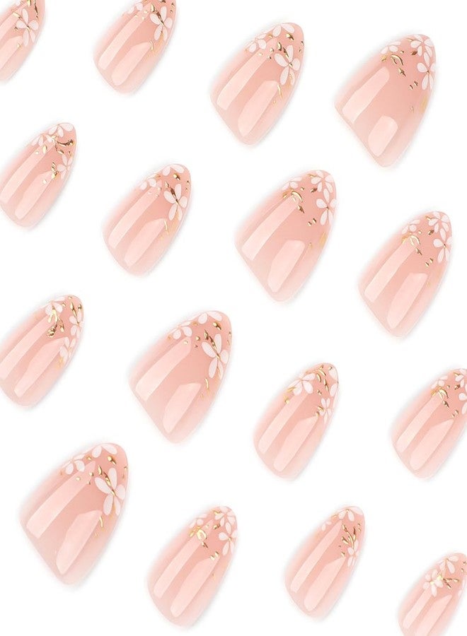 RikView Short Press on Nails Almond Fake Nails White & Pink Nails with Petal Design Glossy Full Cover Nails for Women 24 PCs/Set - Image 2